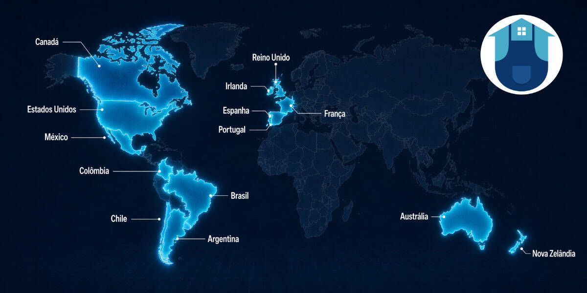 Mapa-múndi destacando a presença internacional da SendWork em diversos países.