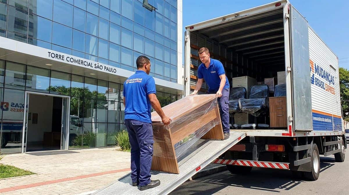 Equipe brasileira de mudanças carregando móveis de escritório em caminhão comercial