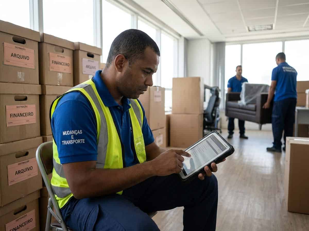 Supervisor de mudanças comerciais brasileiro conferindo inventário em escritório corporativo