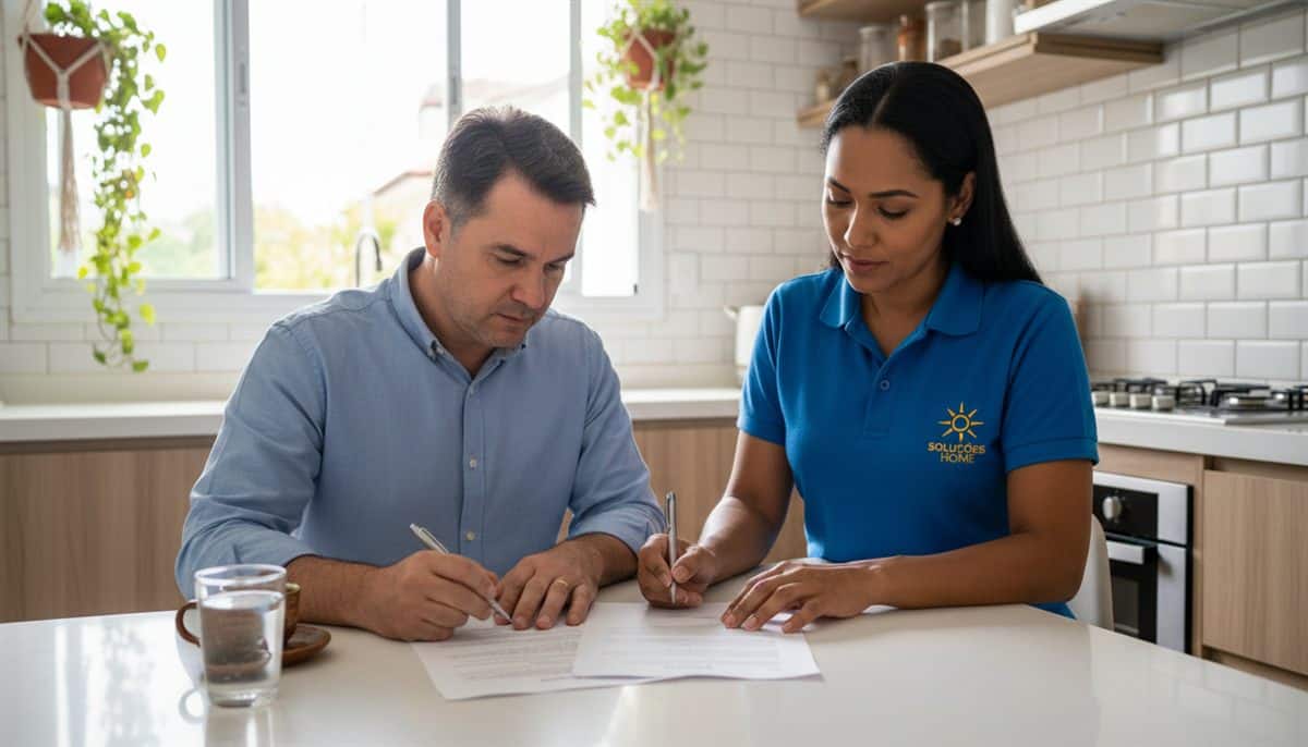 Prestadora de serviço brasileira e cliente assinando contrato escrito em mesa de cozinha em Niterói