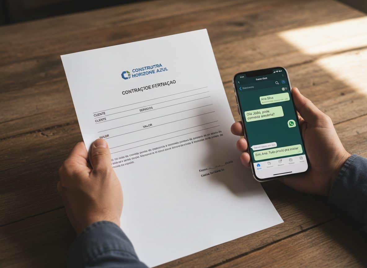 Contrato de serviço impresso ao lado de smartphone com conversa de WhatsApp sobre orçamento