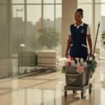 Profissional de limpeza comercial caminhando em lobby de escritório moderno