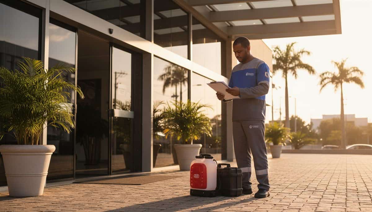 Técnico brasileiro de controle de pragas revisando contrato de serviço recorrente em frente a edifício comercial em João Pessoa