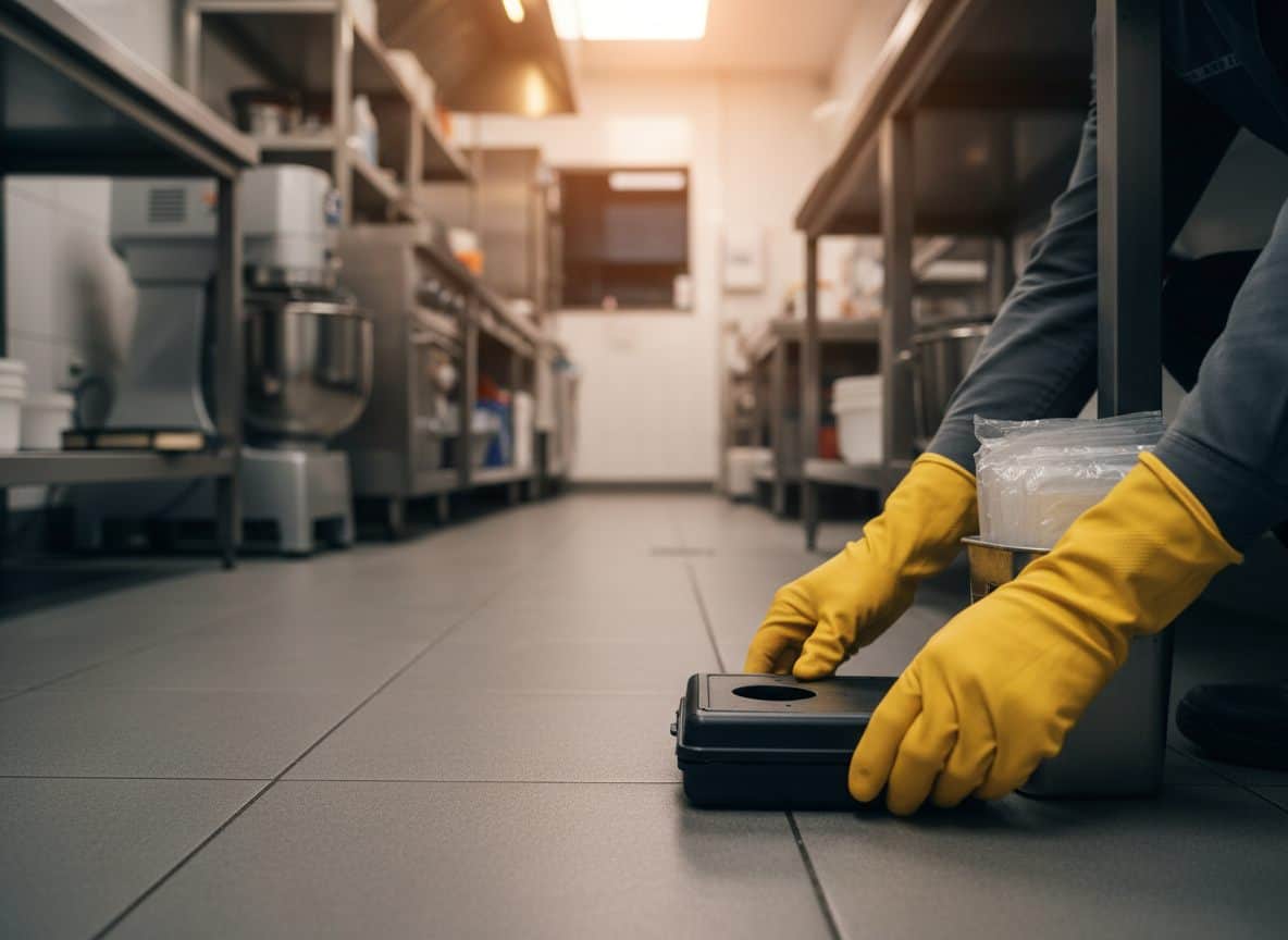 Técnico de controle de pragas posicionando estação de monitoramento em cozinha comercial