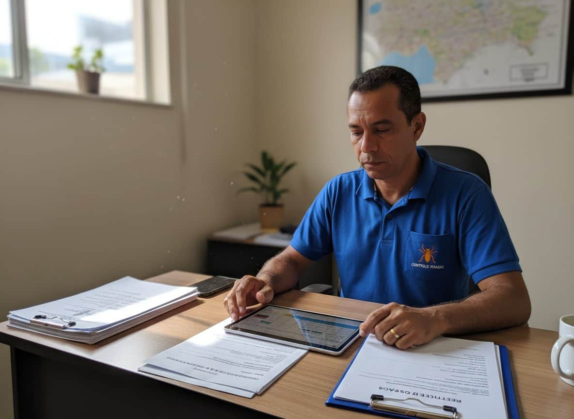 Operador de controle de pragas revisando cronograma de contratos e relatórios em escritório
