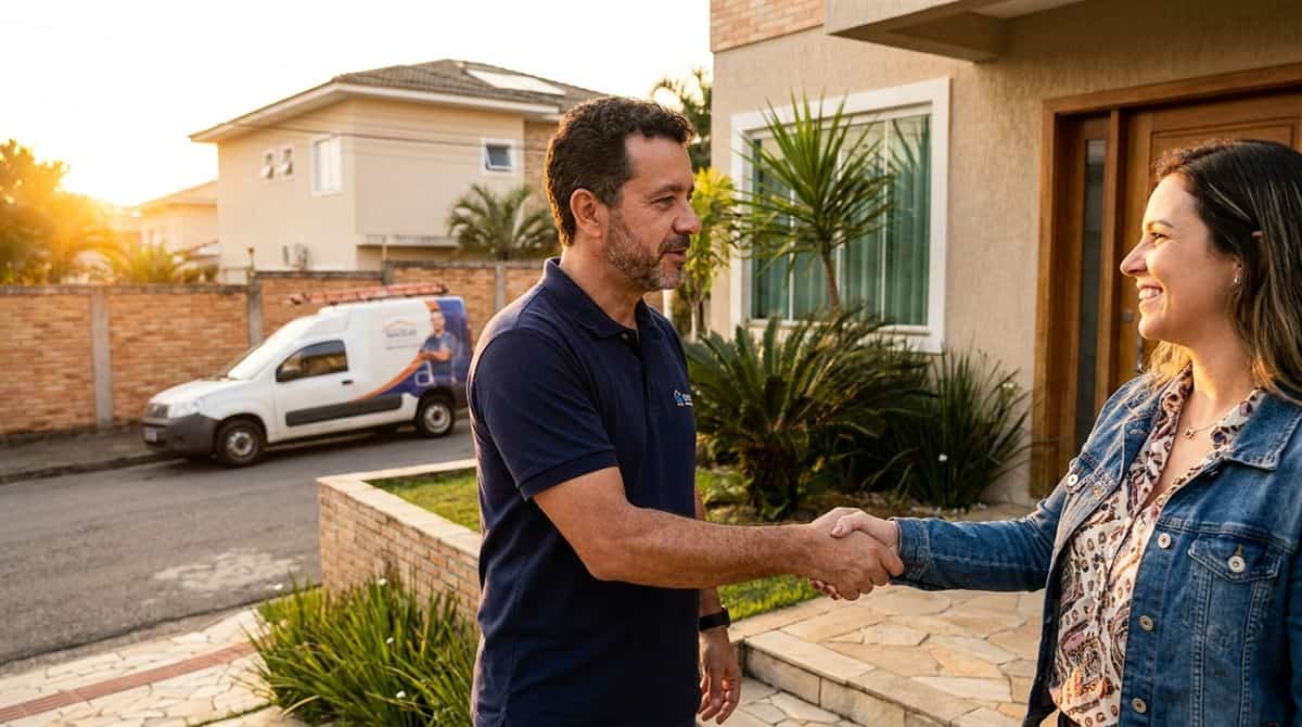 Prestador de serviço brasileiro cumprimentando cliente satisfeita na porta de casa para fidelizar clientes