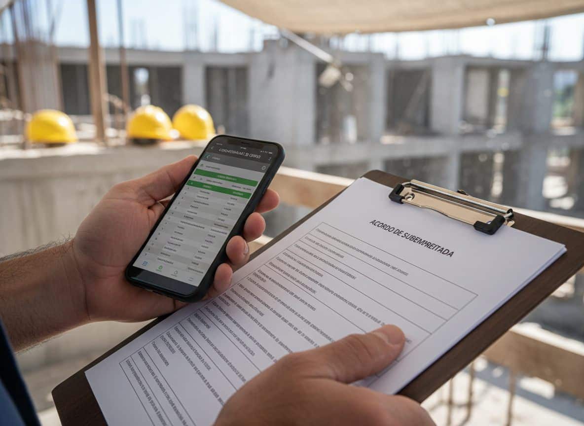 Empreiteiro coordenando cronograma de obra com contrato de subempreiteiro em canteiro