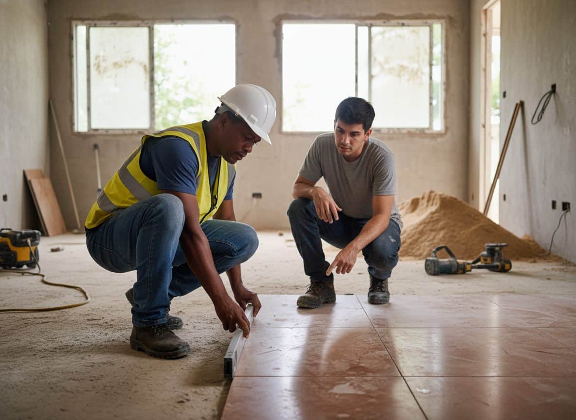 Empreiteiro geral inspecionando qualidade de trabalho realizado por subempreiteiro em obra