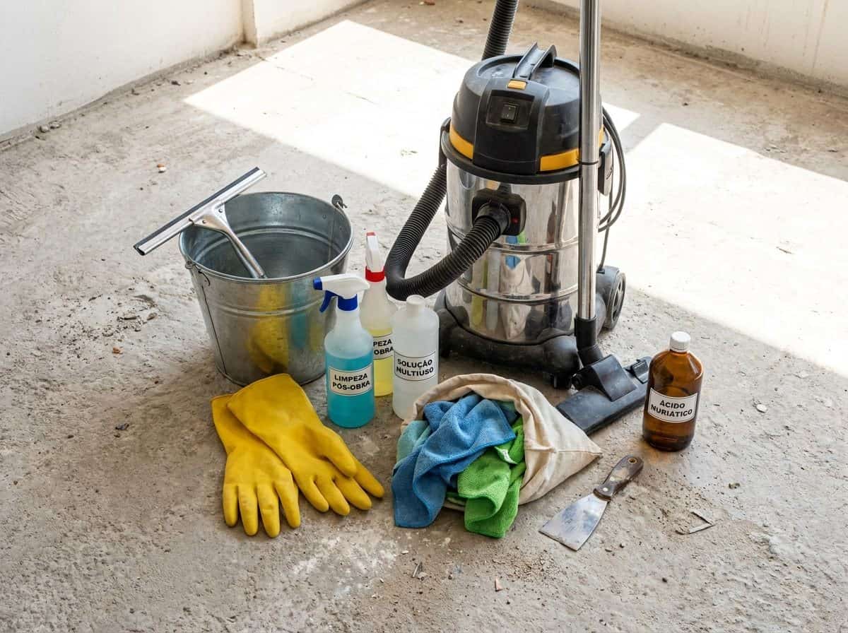 Equipamentos de limpeza pós-obra organizados no chão de canteiro: aspirador, balde, luvas, ácido muriático