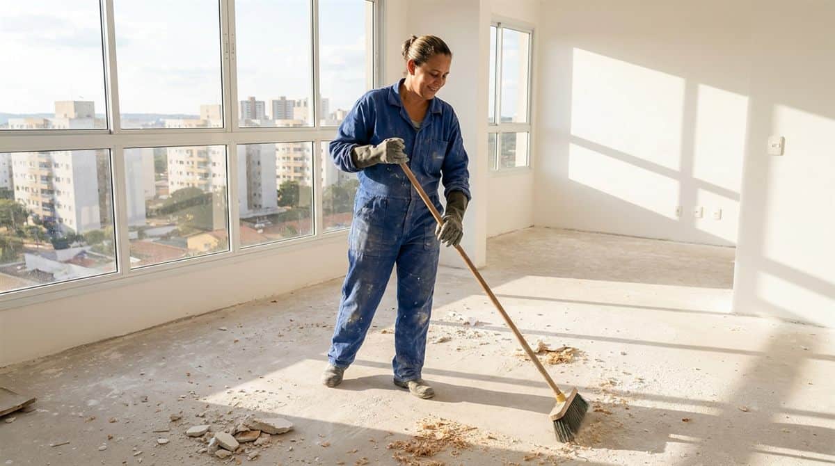 Profissional de limpeza pós-obra varrendo resíduos de construção em apartamento novo