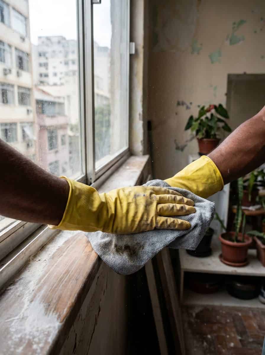 Mãos com luvas limpando peitoril de janela com pano durante limpeza pós-obra