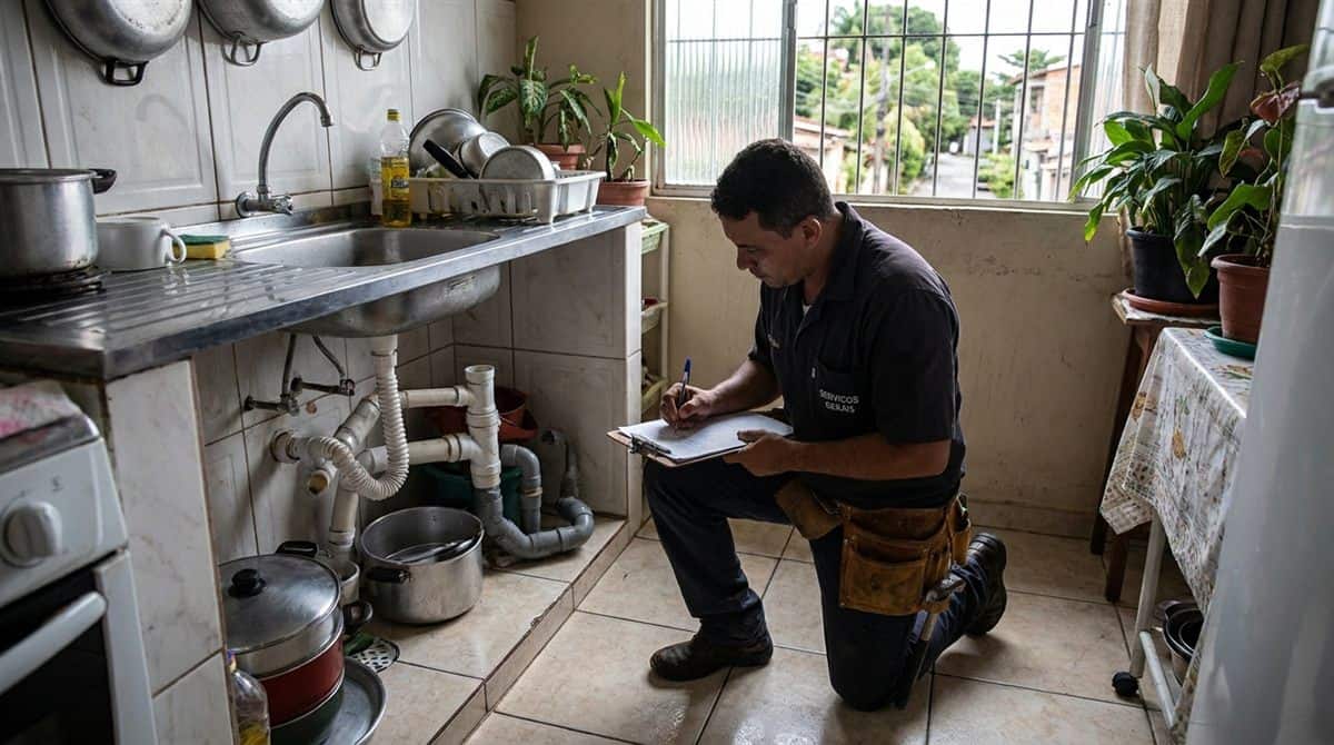 Encanador brasileiro fazendo orçamento de encanamento ao lado de tubulação em cozinha