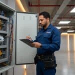 Eletricista brasileiro verificando painel elétrico com prancheta de orçamento
