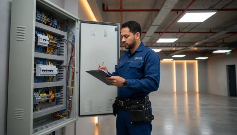 Eletricista brasileiro verificando painel elétrico com prancheta de orçamento