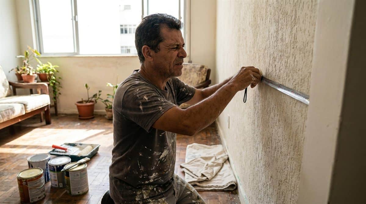 Pintor brasileiro medindo parede para orçamentos de pintura em apartamento
