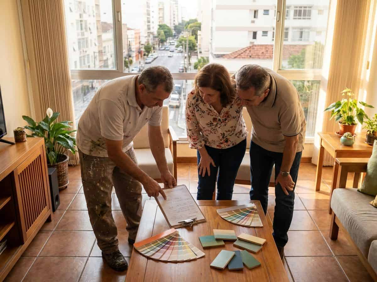 Pintor apresentando amostras de cores e orçamento para clientes em apartamento