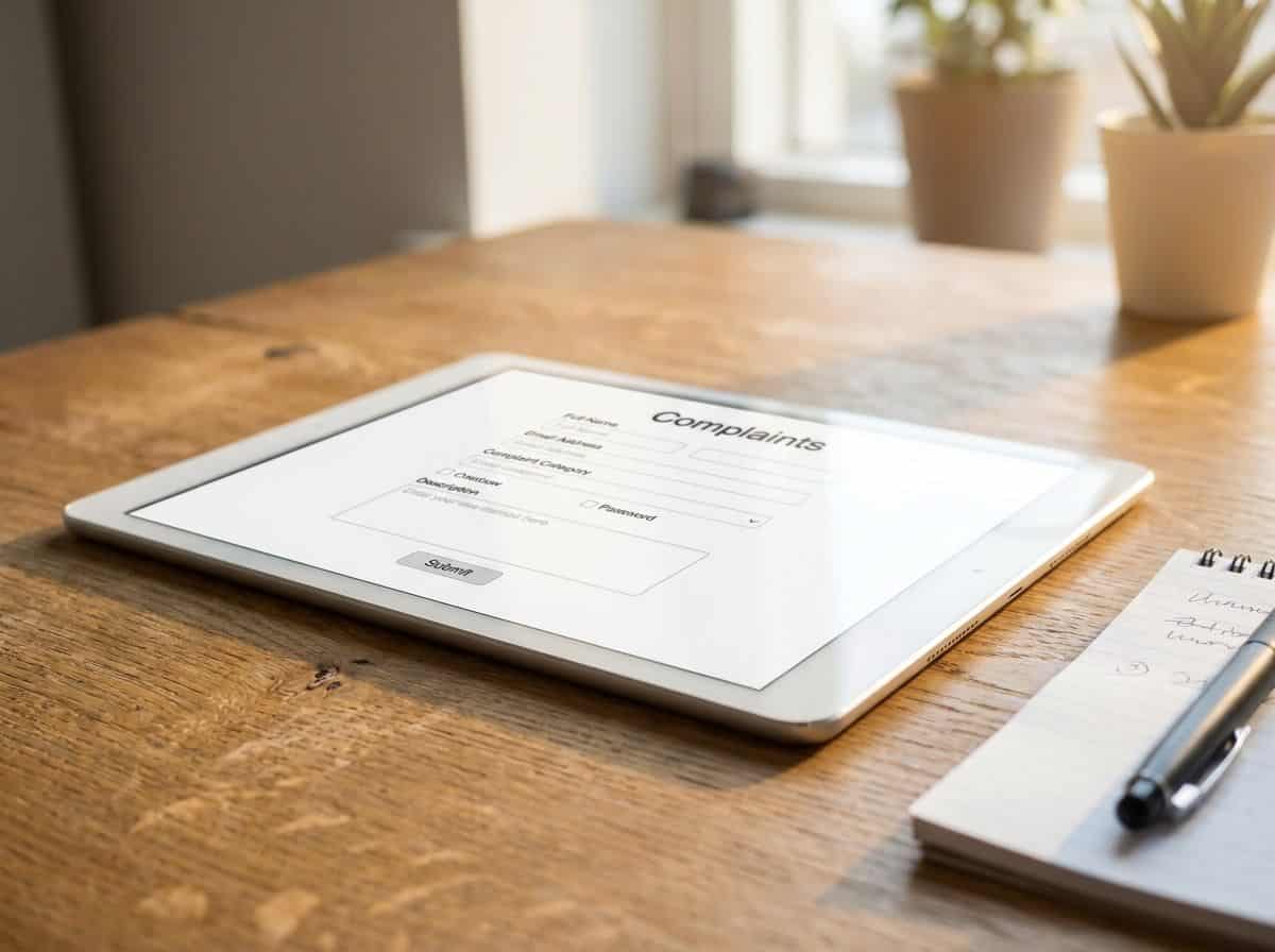 Tablet a mostrar formulário de reclamações digital sobre mesa de trabalho