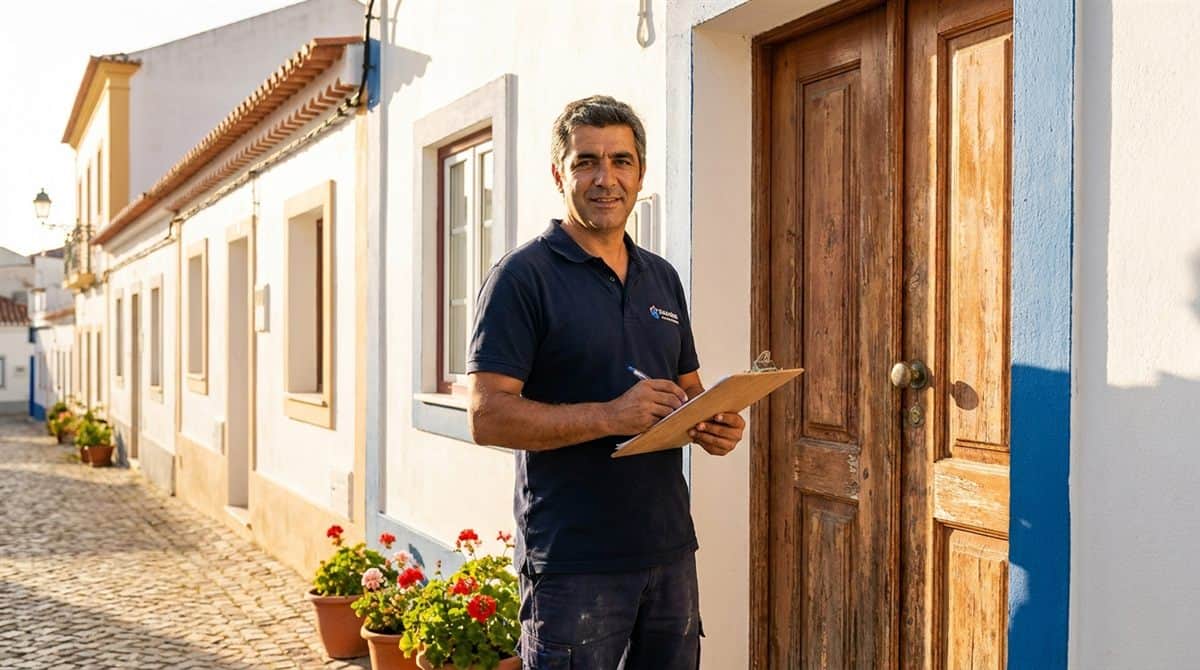Canalizador português à porta de cliente em Faro com documentação profissional