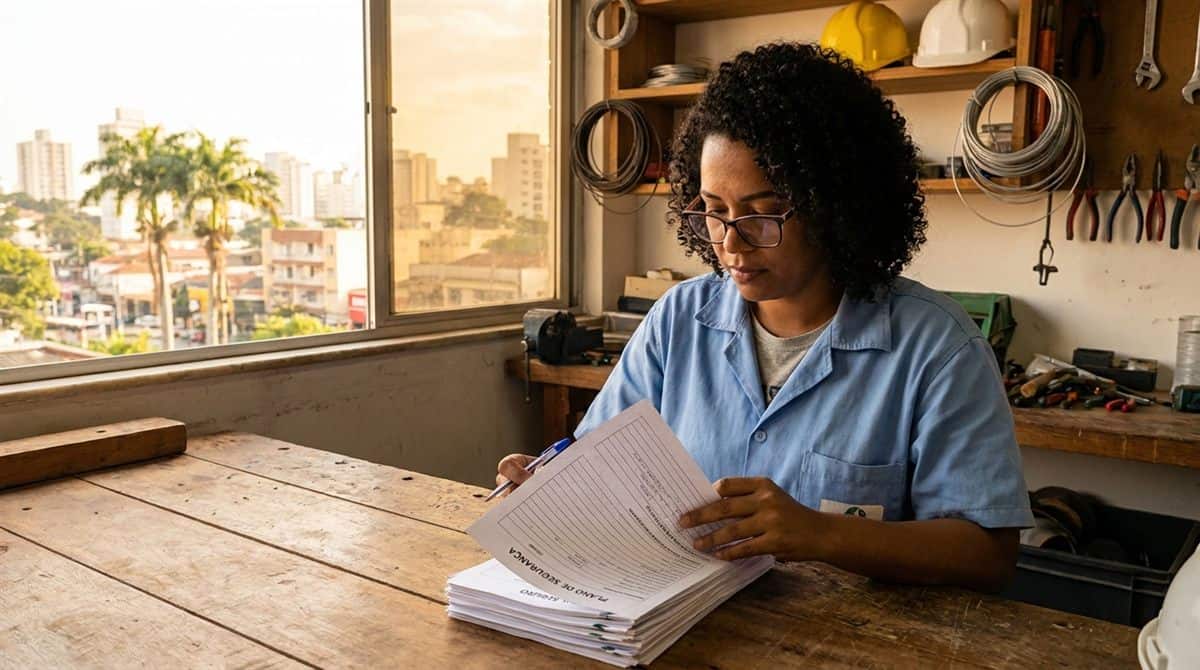 Prestadora de serviço elétrico revisando documentos de seguro acidente trabalho em Aracaju