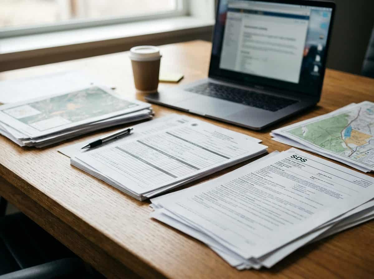 Documentos de licenciamento ambiental sobre mesa de trabalho com laptop