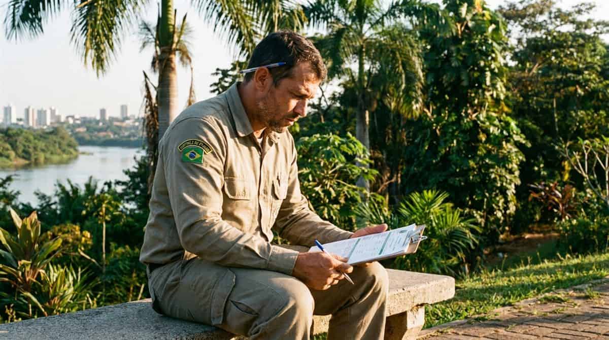 Técnico de controle de pragas brasileiro revisando documentação de licença ambiental em Cuiabá