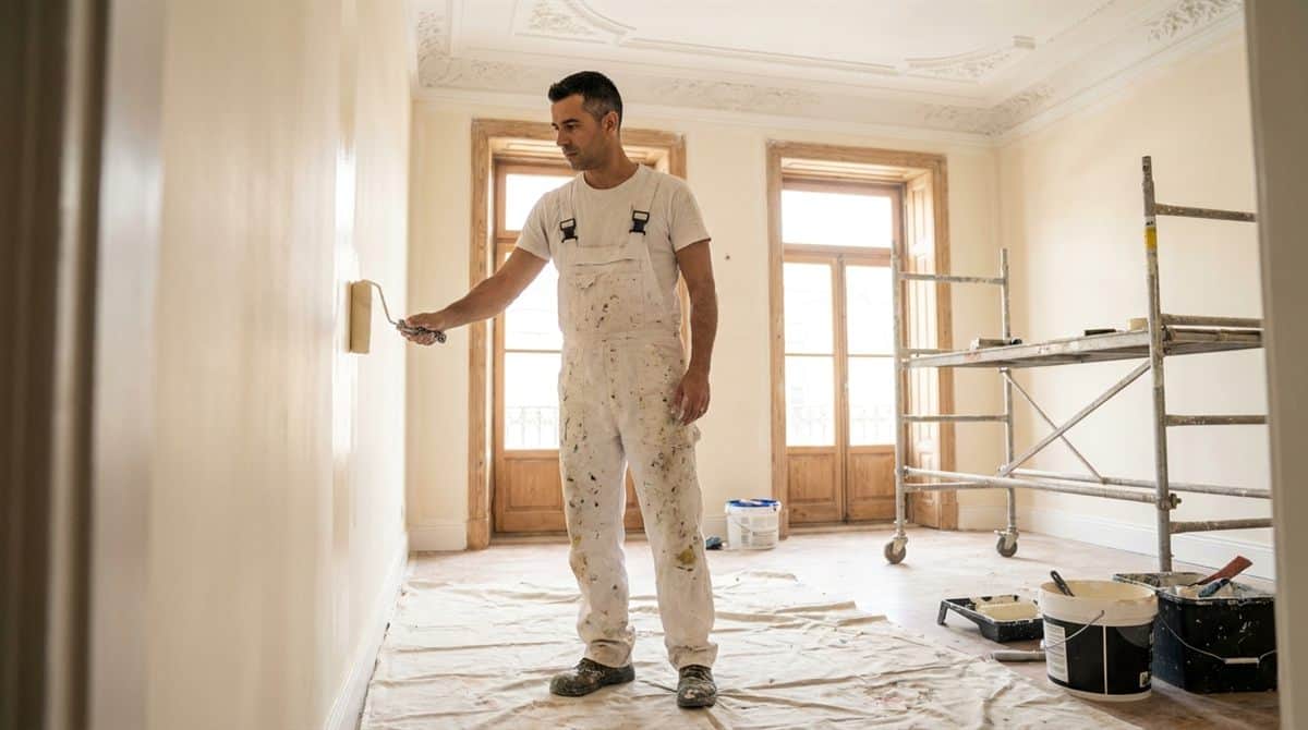 Pintor português a aplicar tinta com rolo num apartamento em obras — tarifas pintores Portugal