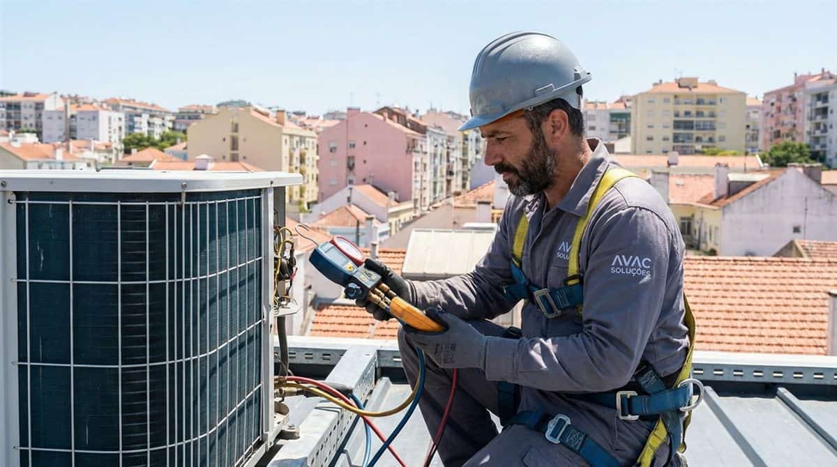 Técnico AVAC português a realizar manutenção numa unidade de ar condicionado num terraço comercial — preços AVAC Portugal