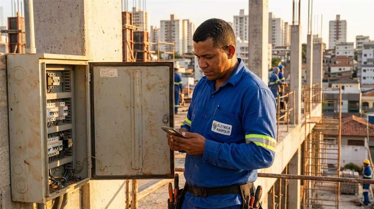 Eletricista brasileiro a verificar nota fiscal no telemóvel em obra comercial, Anápolis