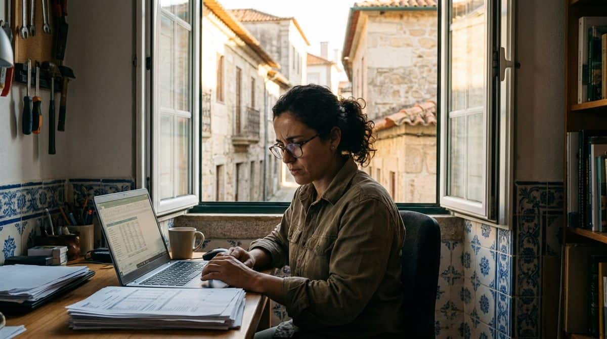 Eletricista portuguesa a rever documentos fiscais no escritório, Guarda