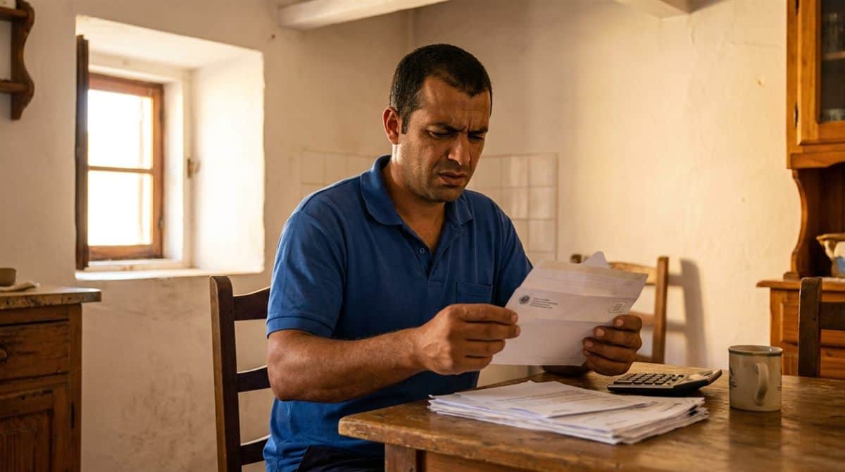 Canalizador português a abrir carta de pagamentos por conta na cozinha, Beja