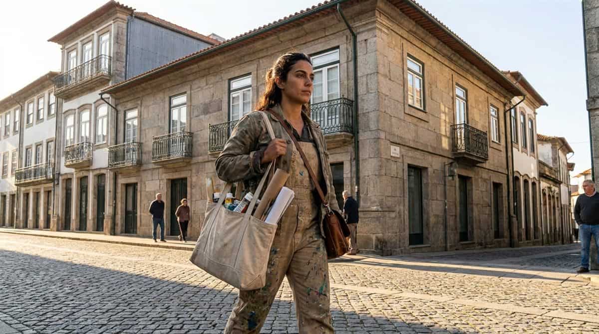 Pintora portuguesa a caminhar com materiais por rua de Viana do Castelo