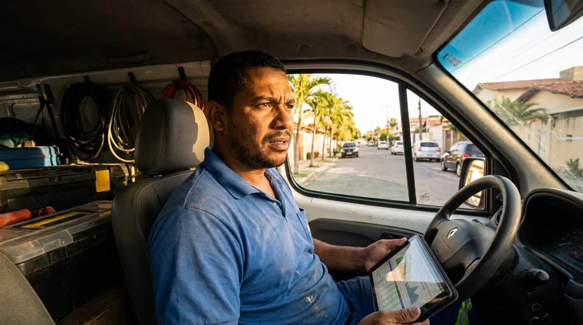 Eletricista brasileiro revisando documentos financeiros sobre desenquadramento MEI no tablet dentro da van de trabalho
