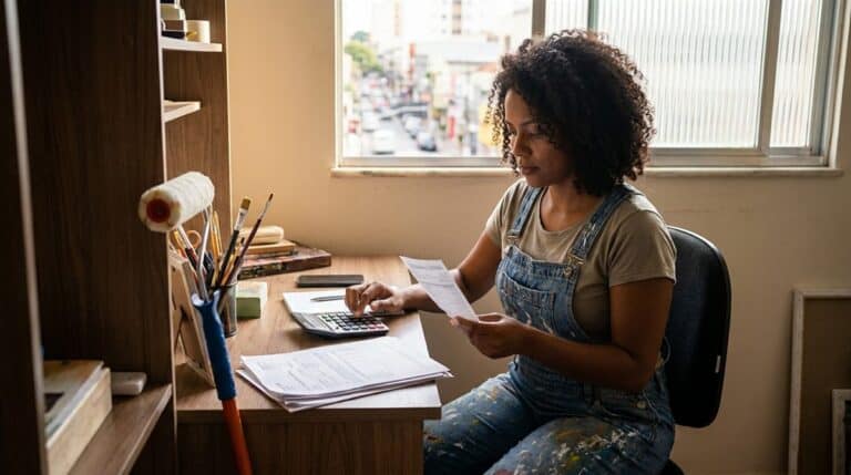 Pintora brasileira calculando contribuição do INSS prestador na mesa de trabalho em casa