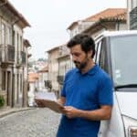 Canalizador português a rever fatura de IVA prestador Portugal junto à carrinha comercial em Coimbra
