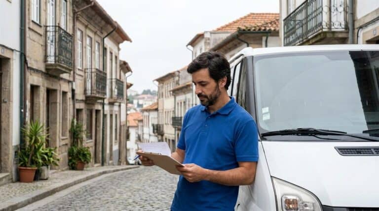 Canalizador português a rever fatura de IVA prestador Portugal junto à carrinha comercial em Coimbra