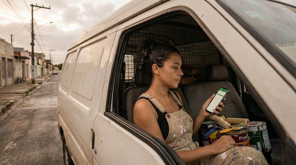Pintora brasileira conferindo fluxo de caixa no celular antes de começar o trabalho em Campina Grande