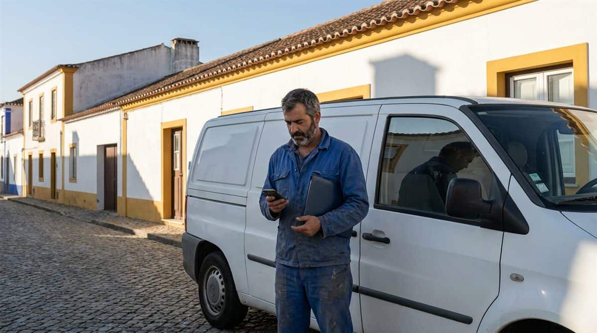 Canalizador português a consultar obrigações de Segurança Social entre trabalhos em Évora