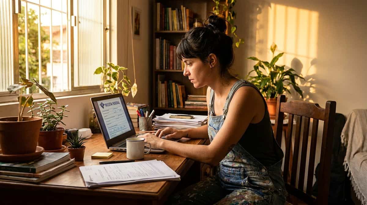 Pintora brasileira a rever declaração de IRPF no laptop em casa, Pelotas