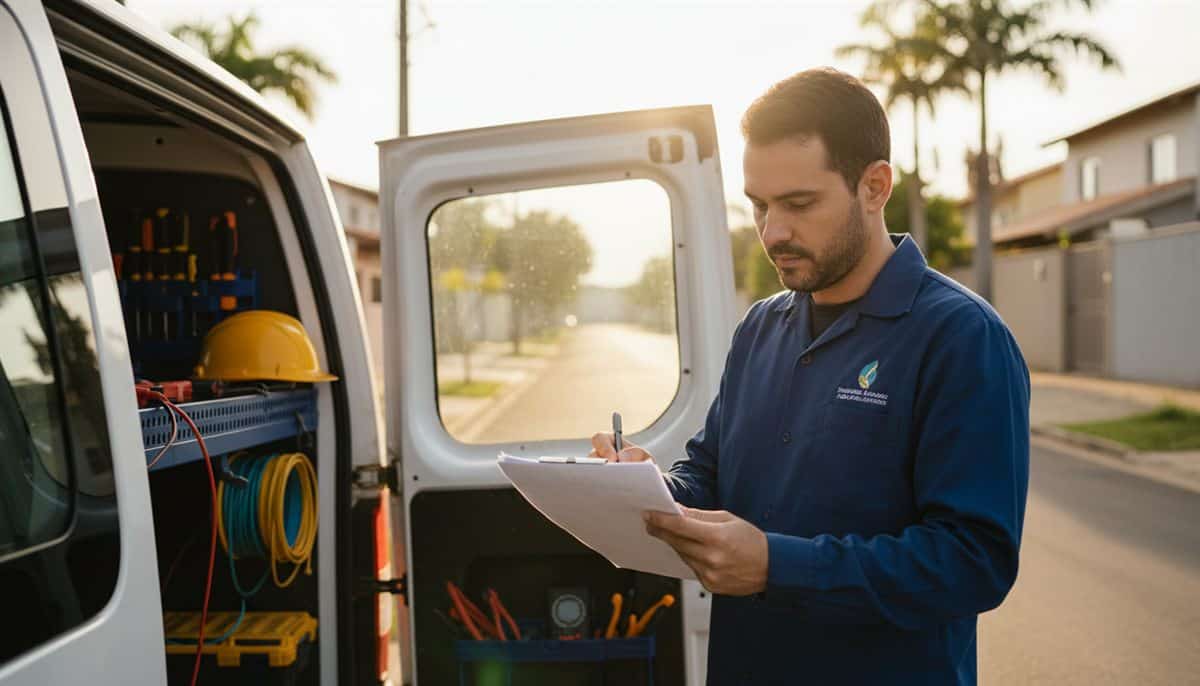 Eletricista brasileiro revisando contratos e documentação de empresa junto à van comercial