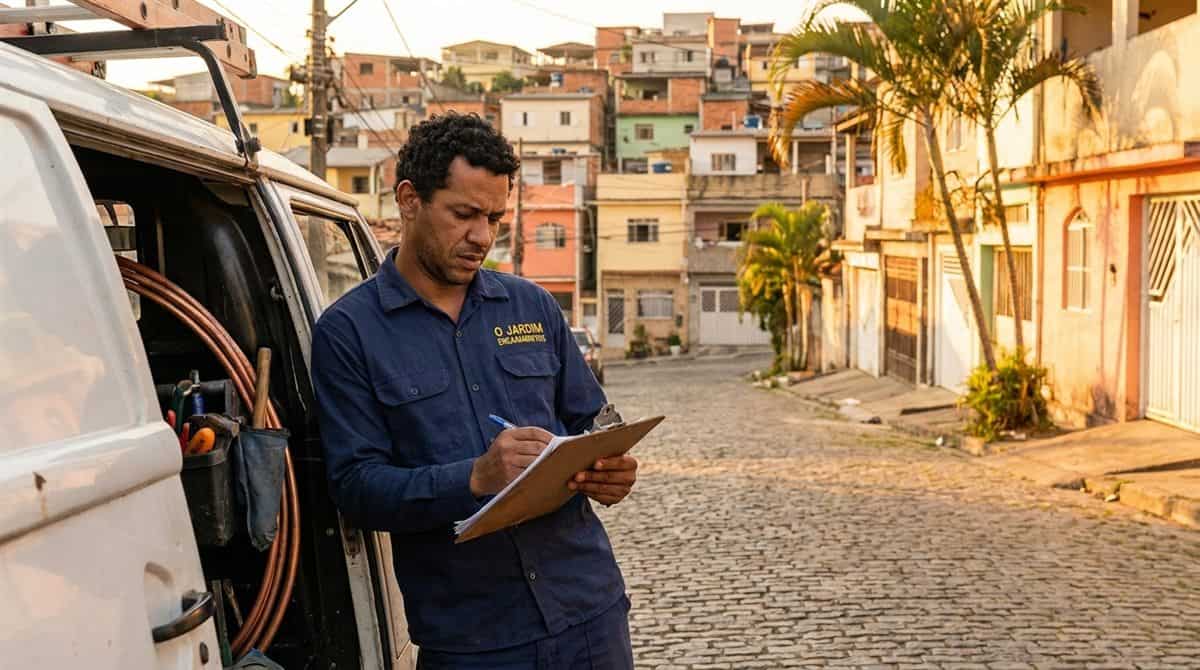 Encanador brasileiro revisando ordens de serviço ao lado de van de trabalho — negócio encanamento