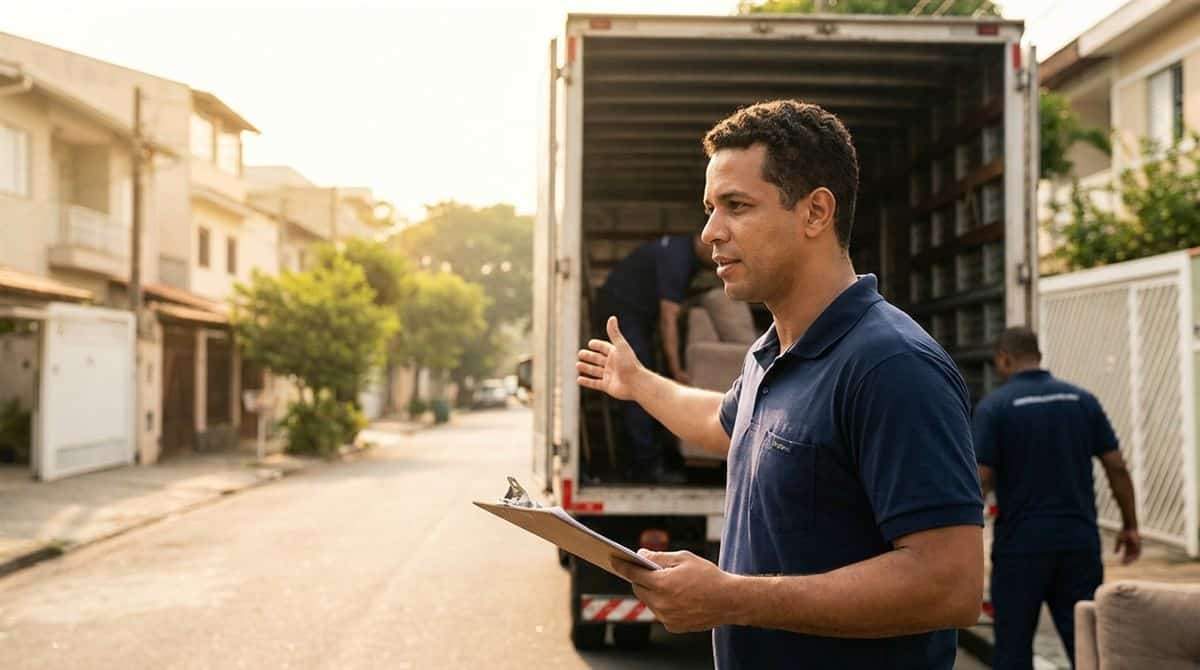 Operador de mudanças brasileiro coordenando carregamento de móveis em caminhão — preços mudanças Brasil