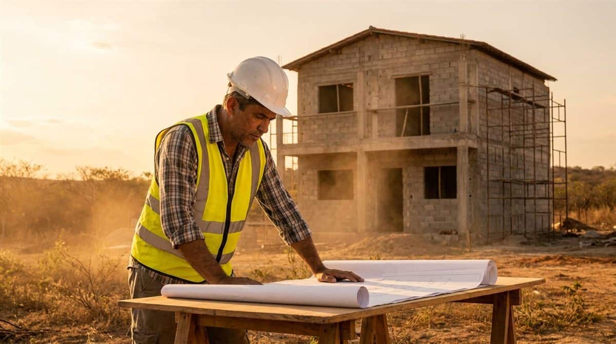 Empreiteiro brasileiro analisando plantas de obra em canteiro de construção residencial — preços empreiteiro geral Brasil