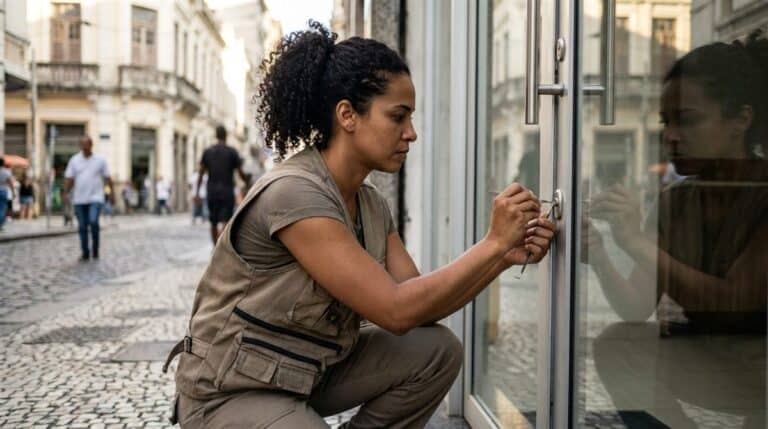 Chaveira brasileira trabalhando em fechadura de porta comercial com ferramentas profissionais — preços chaveiro Brasil