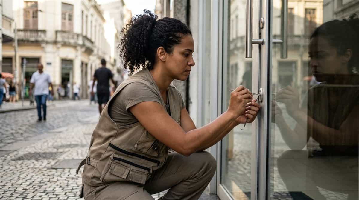 Chaveira brasileira trabalhando em fechadura de porta comercial com ferramentas profissionais — preços chaveiro Brasil
