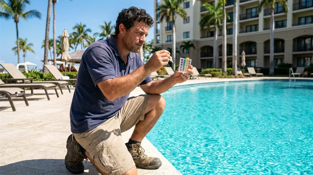 Técnico de piscinas brasileira testando química da água em piscina comercial de resort — piscinas comerciais precificar