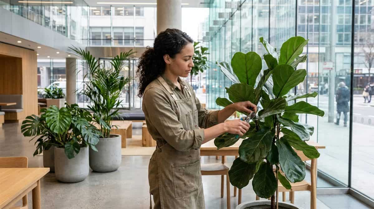 Paisagista de interiores brasileira podando planta tropical em lobby corporativo moderno — plantas ambientes corporativos