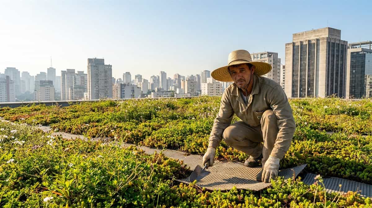 Técnico de telhados verdes brasileiro inspecionando vegetação e drenagem em cobertura de edifício comercial — telhados verdes custos