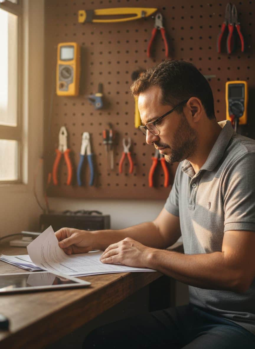 Eletricista brasileiro revisando contratos e documentação de empresa em bancada de trabalho