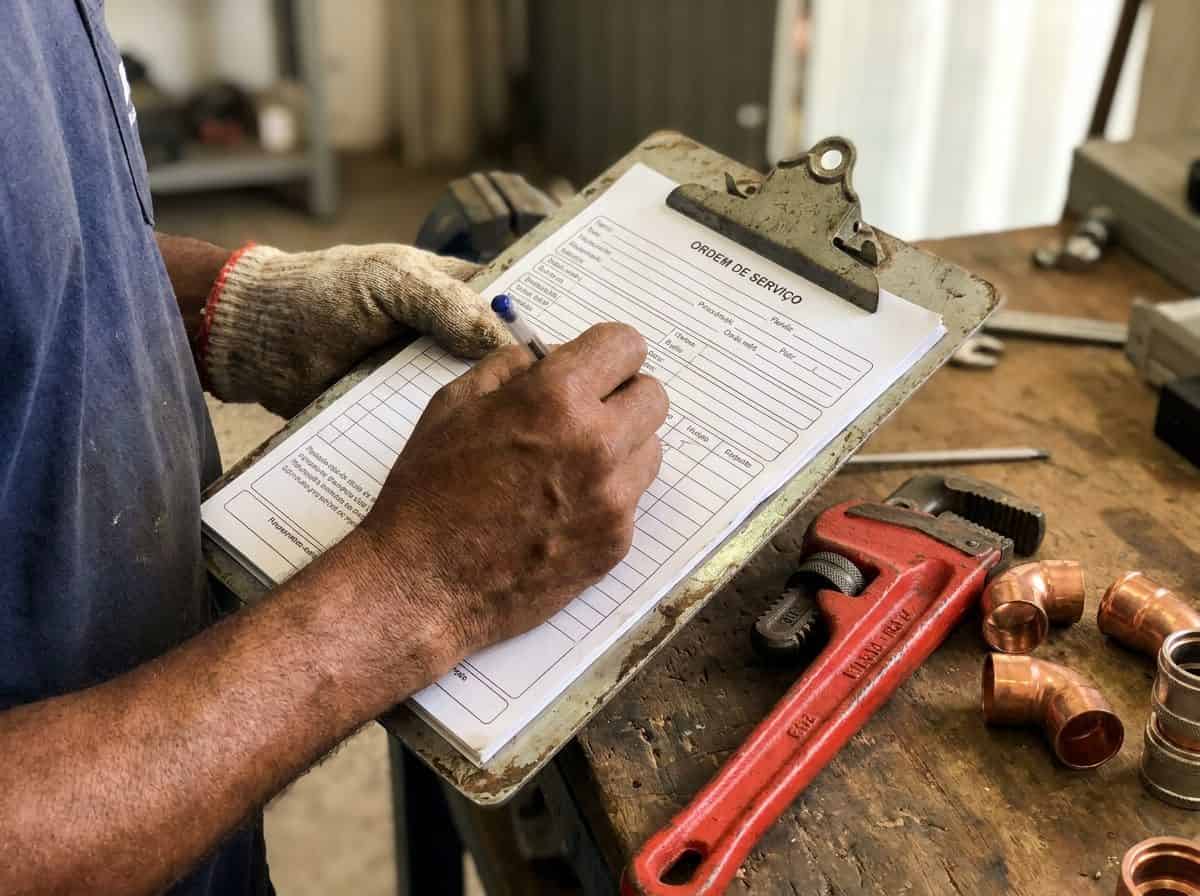 Encanador brasileiro preenchendo ordem de serviço ao lado de ferramentas de encanamento