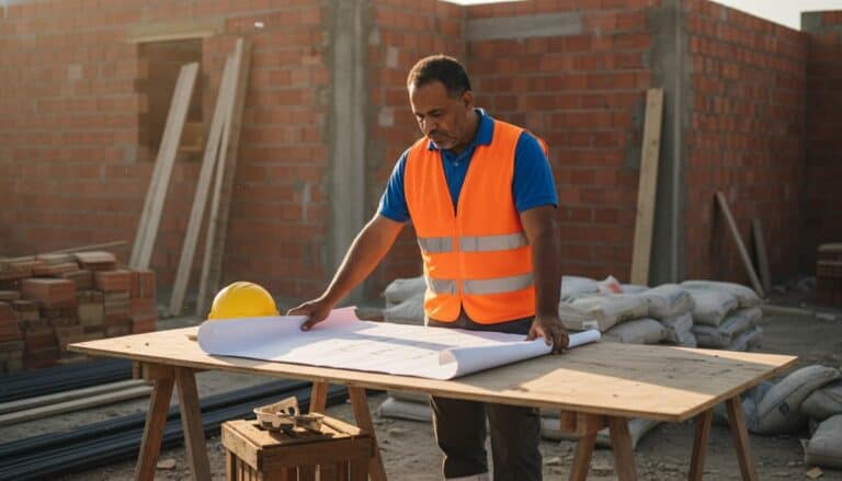 Empreiteiro geral brasileiro revisando planta em canteiro de obra residencial